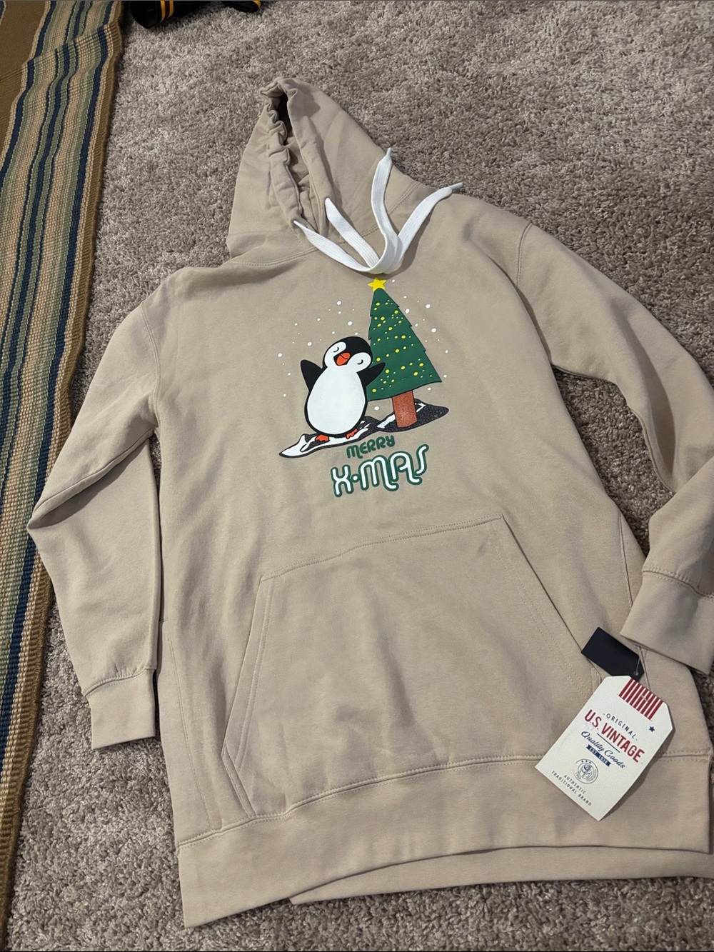 Vintage Surfing Beige Holiday Hoodie with Penguin & Christmas Tree Graphic